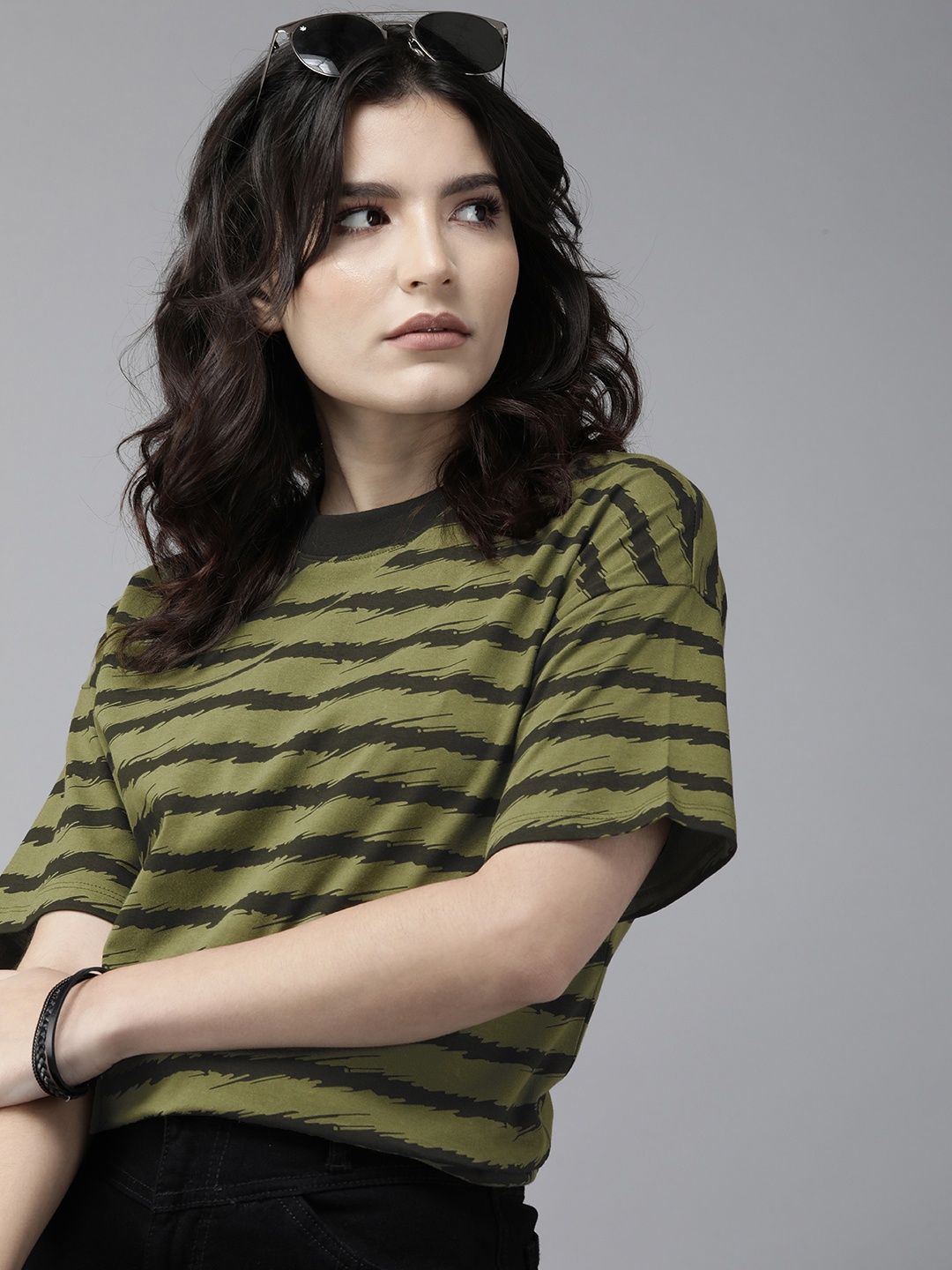 

Roadster Women Olive Green & Black Striped Pure Cotton Boxy Top