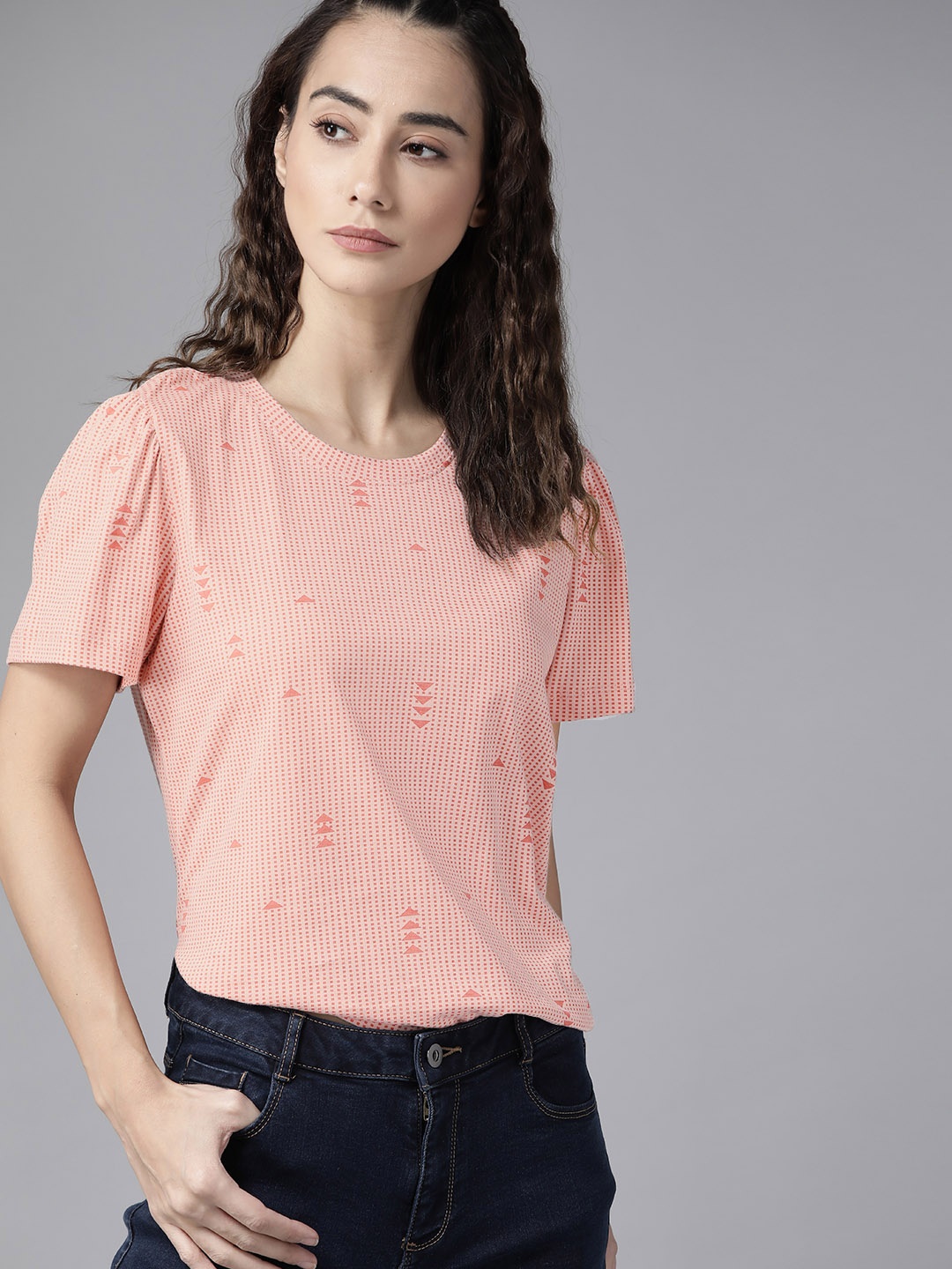 

Roadster Pink Geometric Print Cotton Gathered Regular Top