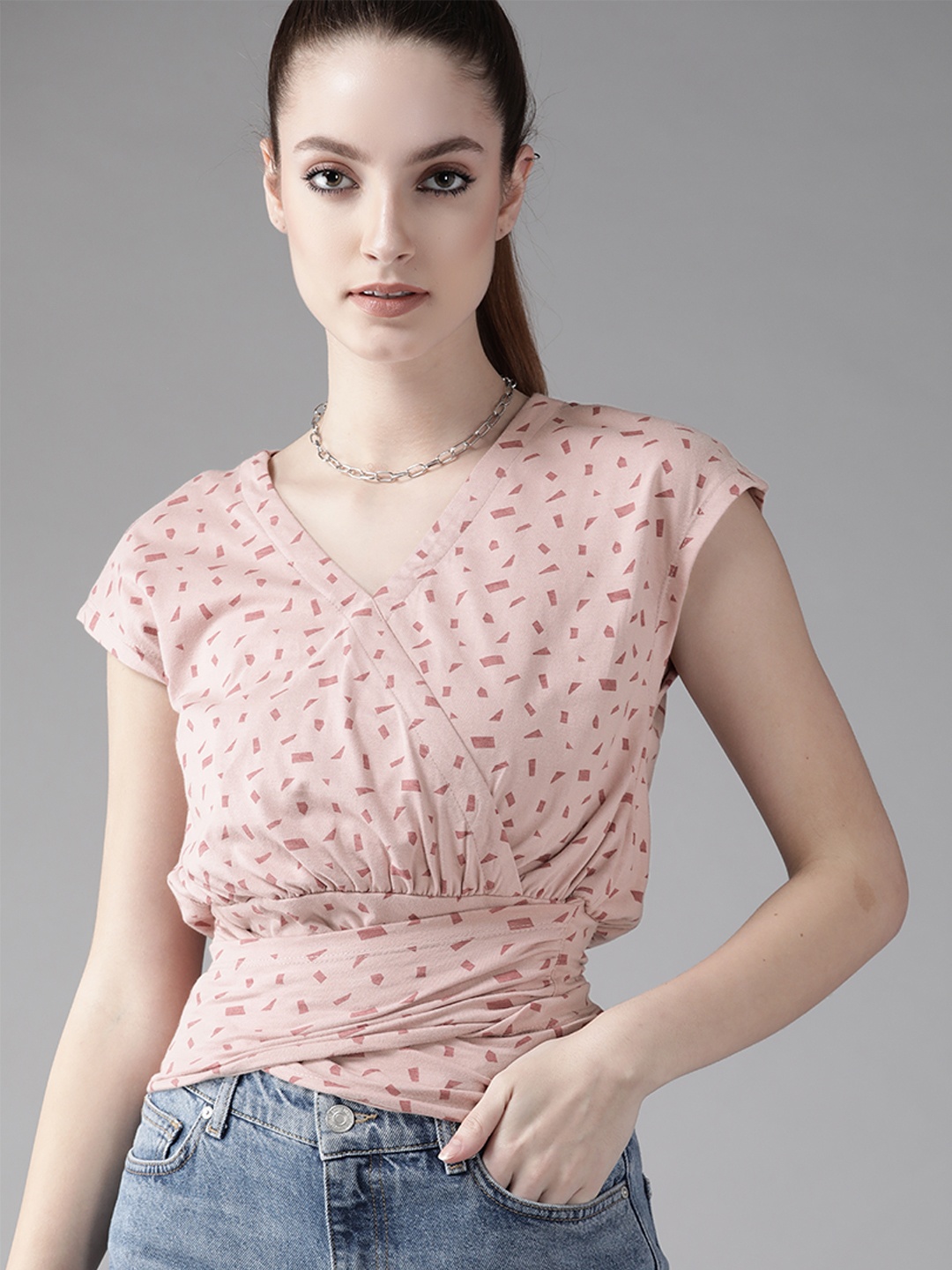 

Roadster Pink Geometric Print Extended Sleeves Wrap Top