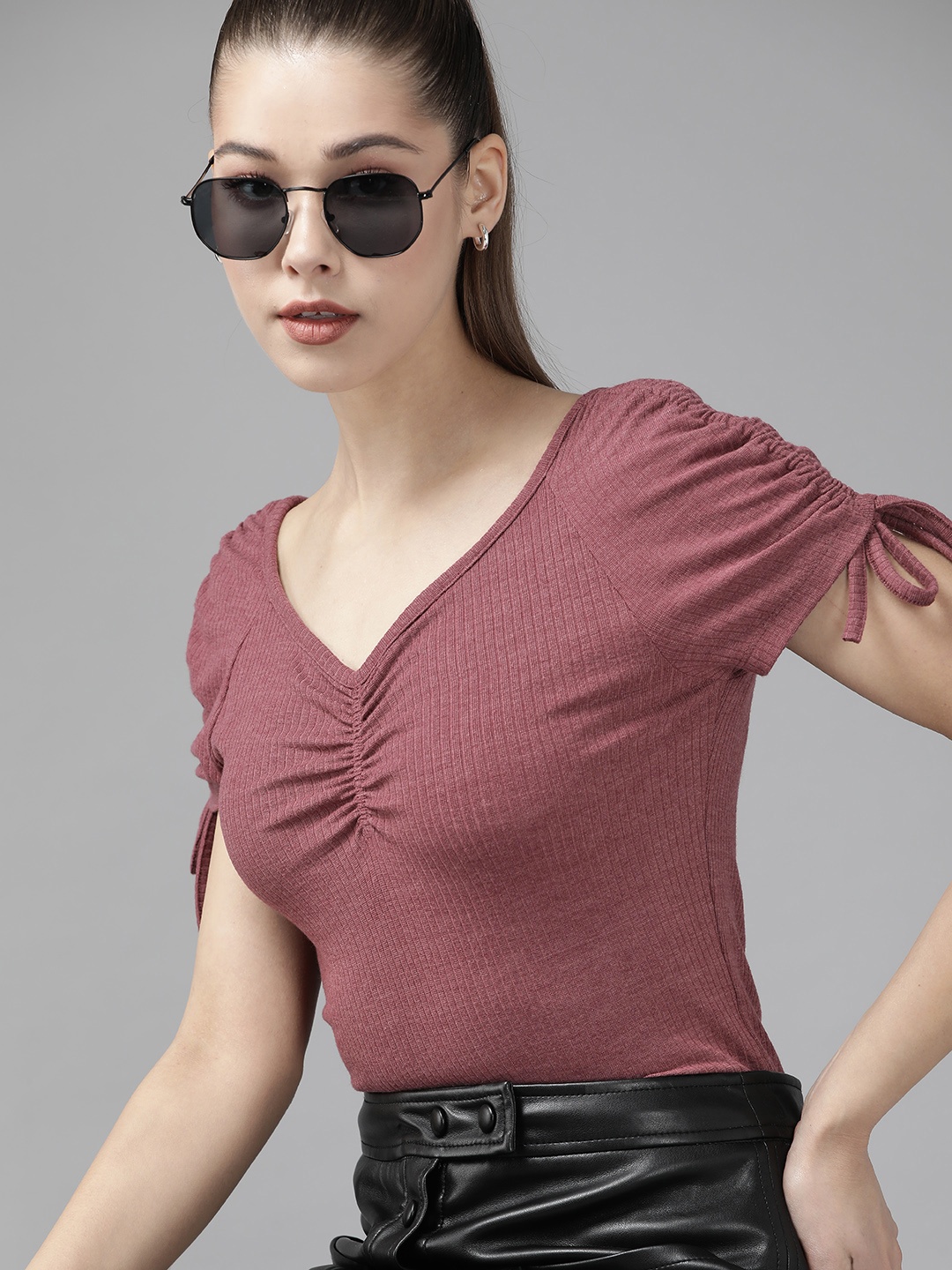 

Roadster Women Pink Ruched Top With Tie-up Details