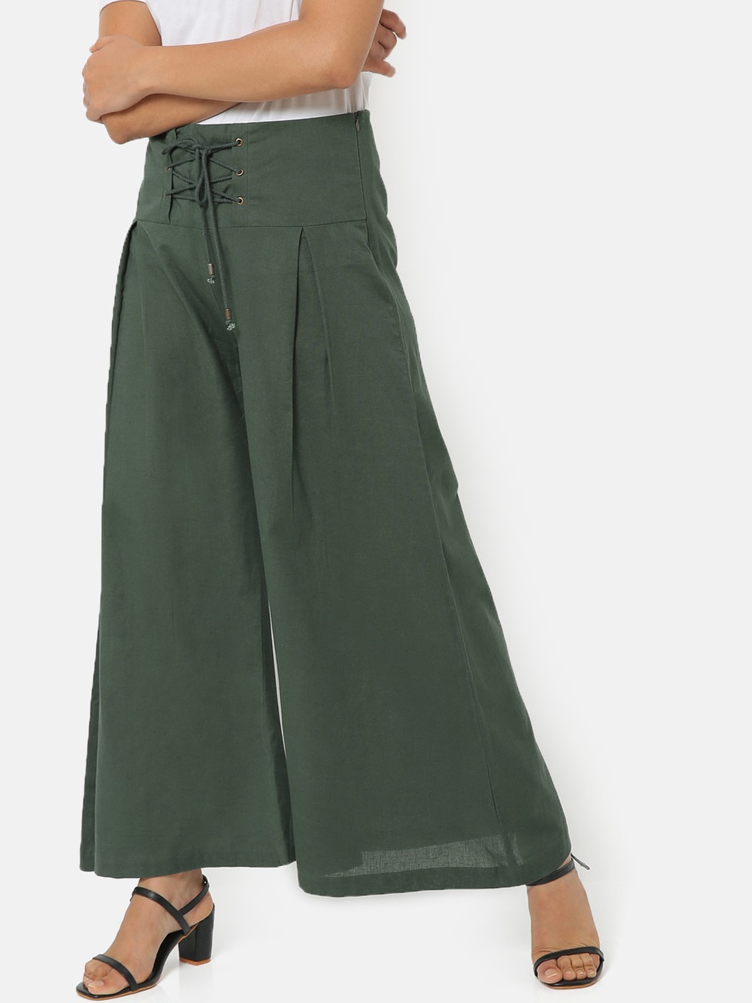 

Saaki Women Green Flared High-Rise Pleated Parallel Trousers