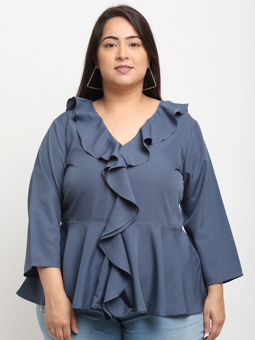 

Flambeur Blue Ruffles Crepe Peplum Top