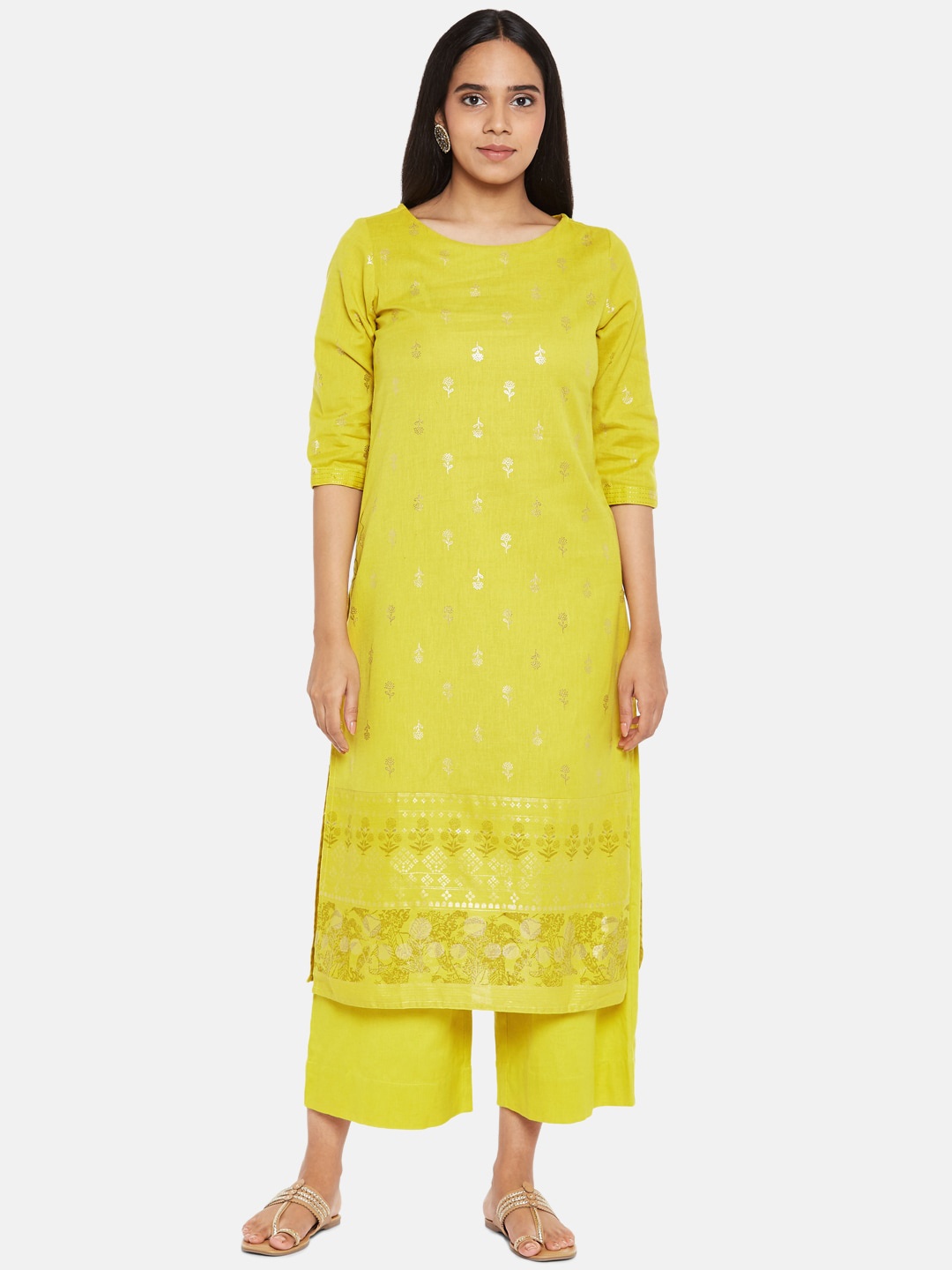 

RANGMANCH BY PANTALOONS Women Lime Green Ethnic Motifs Printed Pure Cotton Kurti with Palazzos