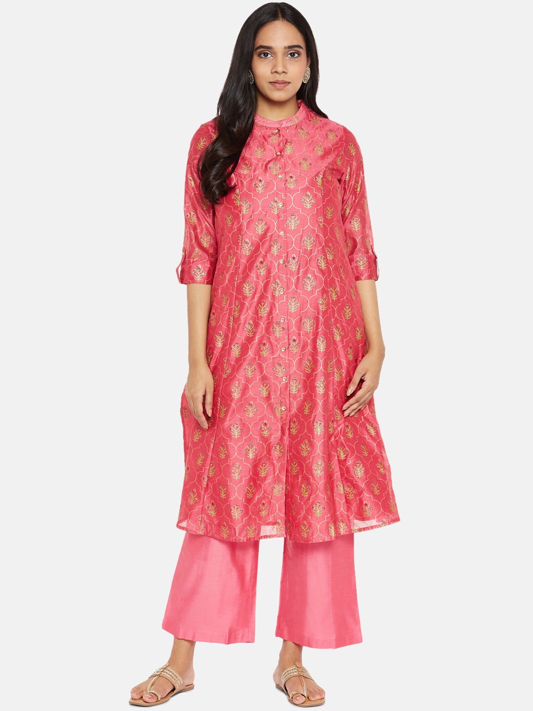 

RANGMANCH BY PANTALOONS Women Coral Chanderi Silk Kurta with Palazzos