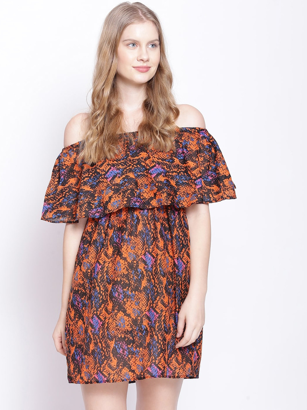 

Oxolloxo Rust Orange & Black Off-Shoulder A-Line Mini Dress