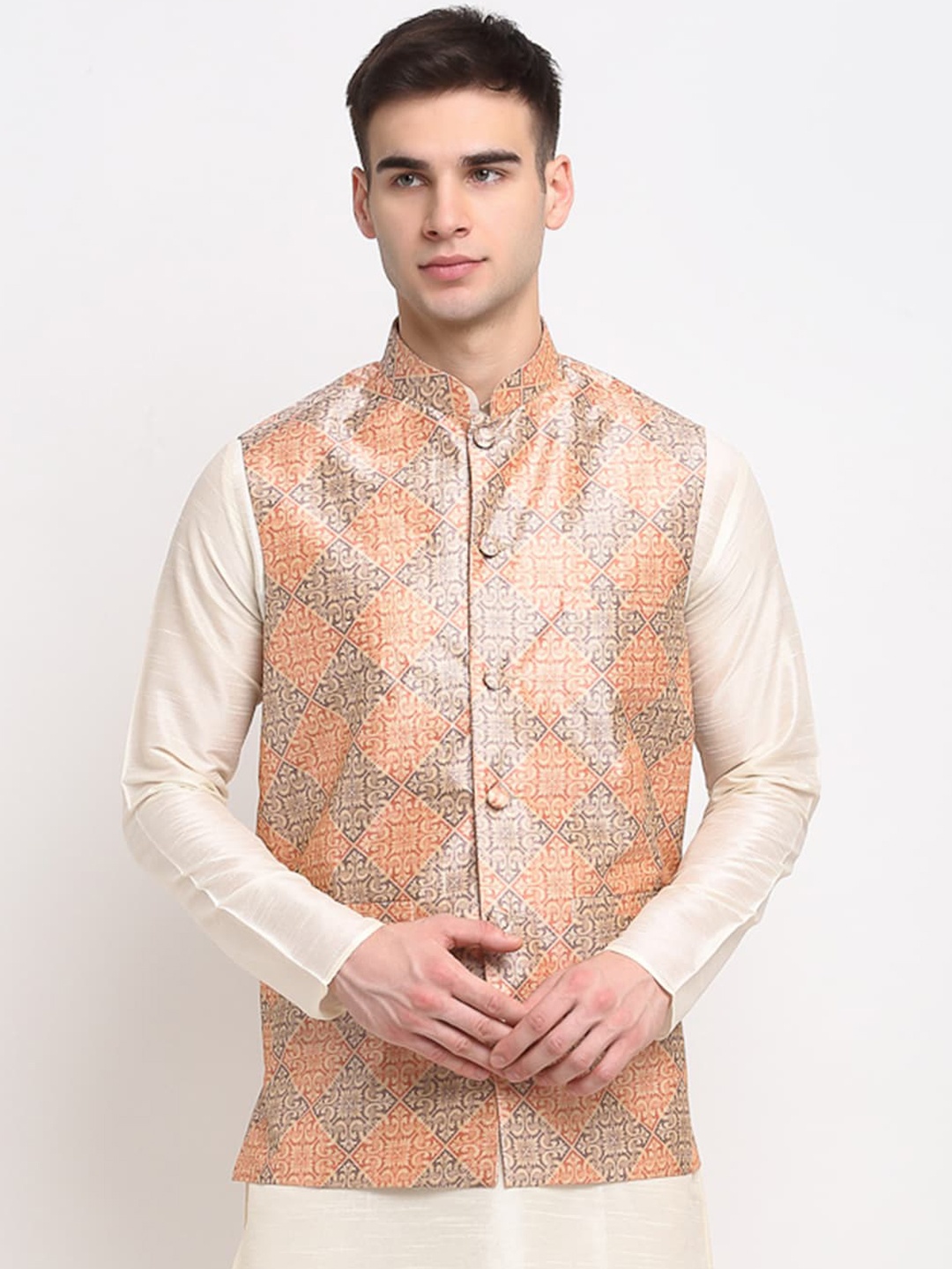 

Jompers Men Peach-Coloured & Purple Printed Satin Nehru Jacket