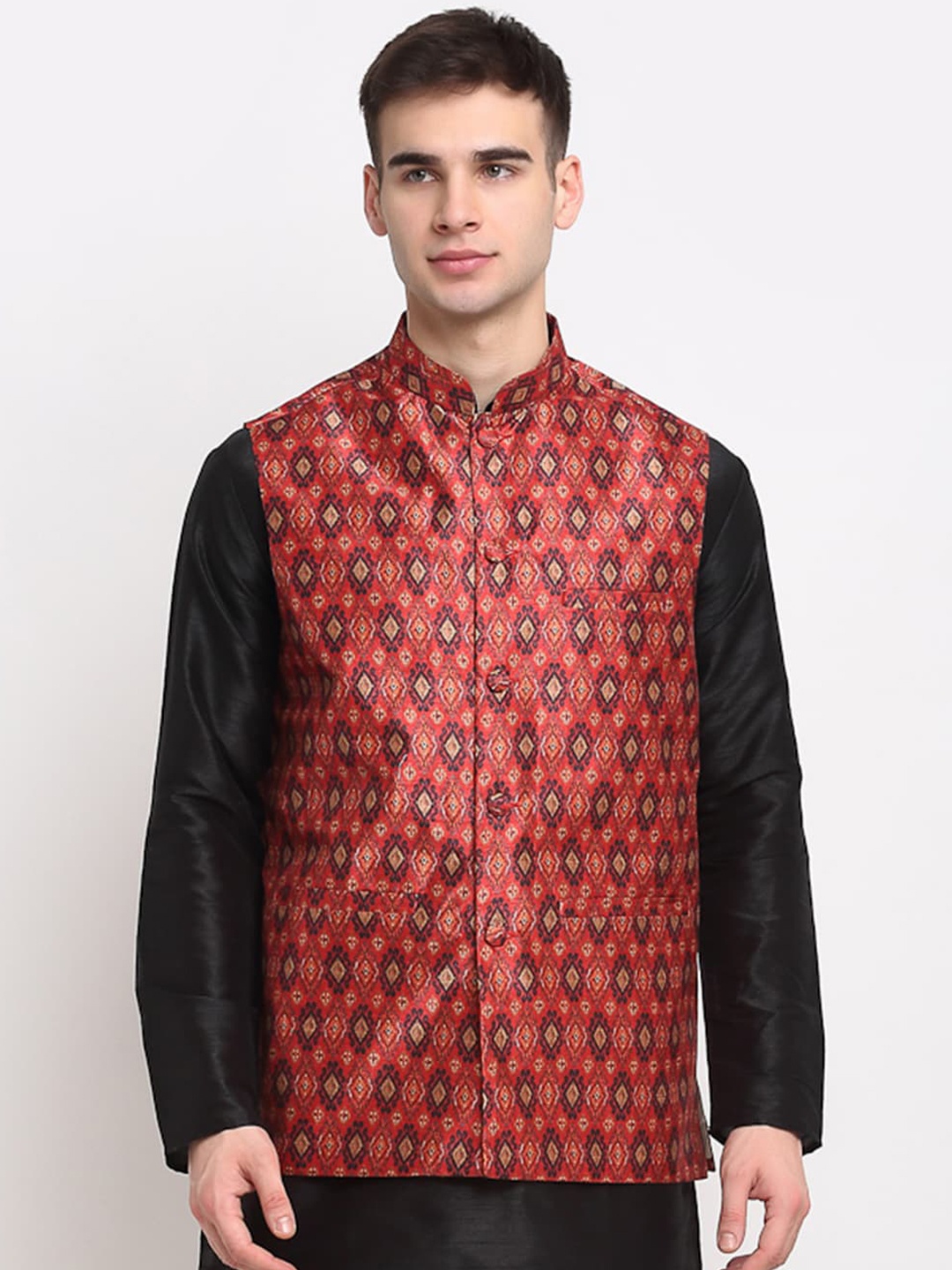

Jompers Men Red & Navy Blue Digital Printed Satin Nehru Jacket