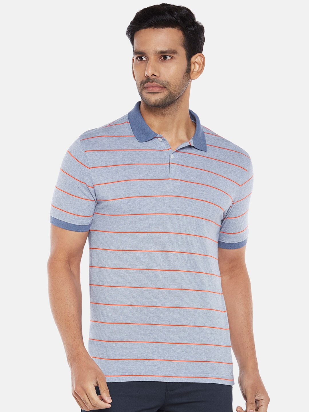 

BYFORD by Pantaloons Men Blue Striped Polo Collar Slim Fit Pure Cotton T-shirt
