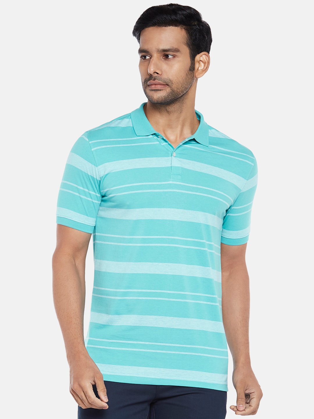 

BYFORD by Pantaloons Men Blue Striped Polo Collar Slim Fit Pure Cotton T-shirt