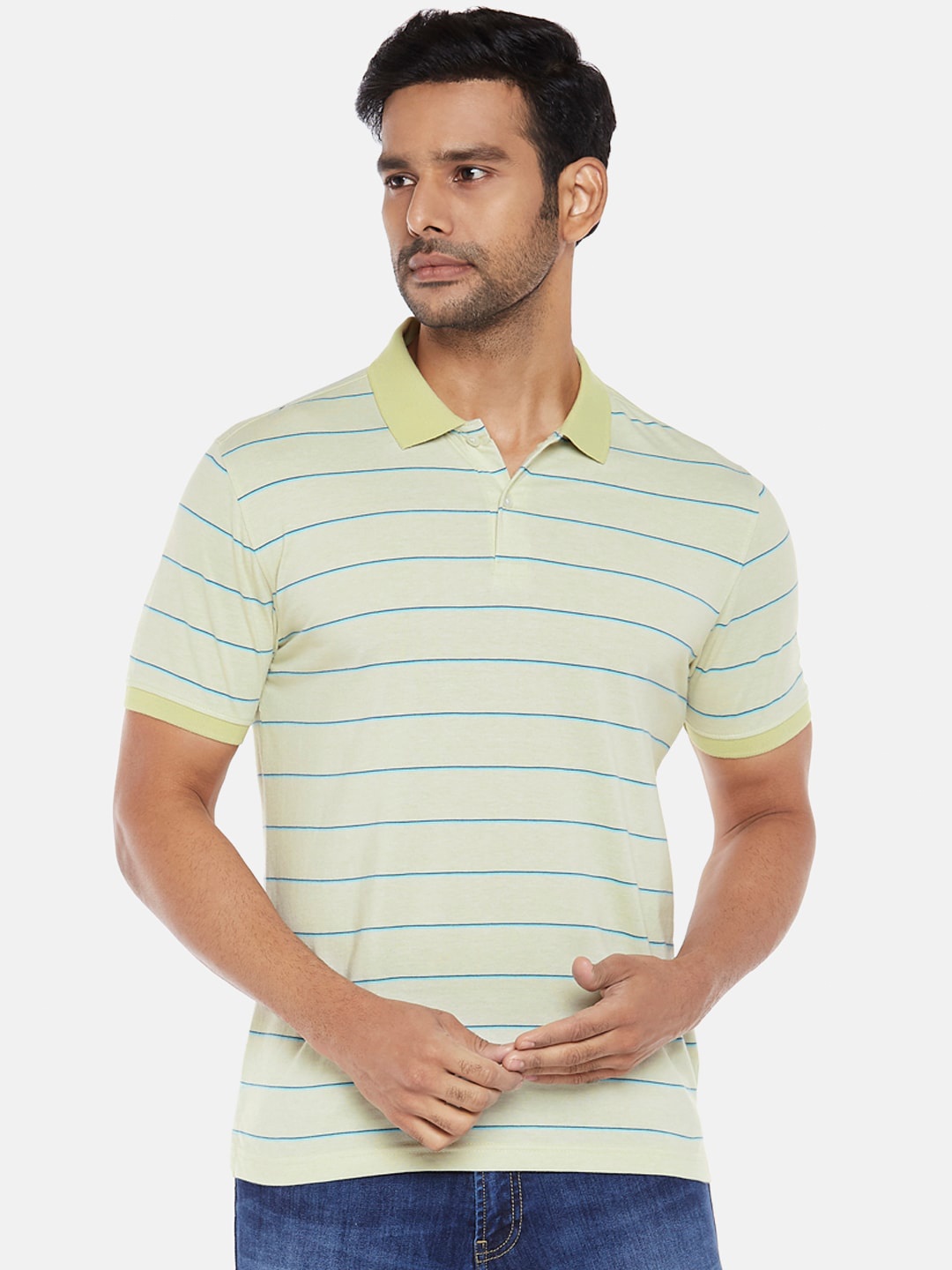 

BYFORD by Pantaloons Men Yellow Striped Polo Collar Slim Fit T-shirt