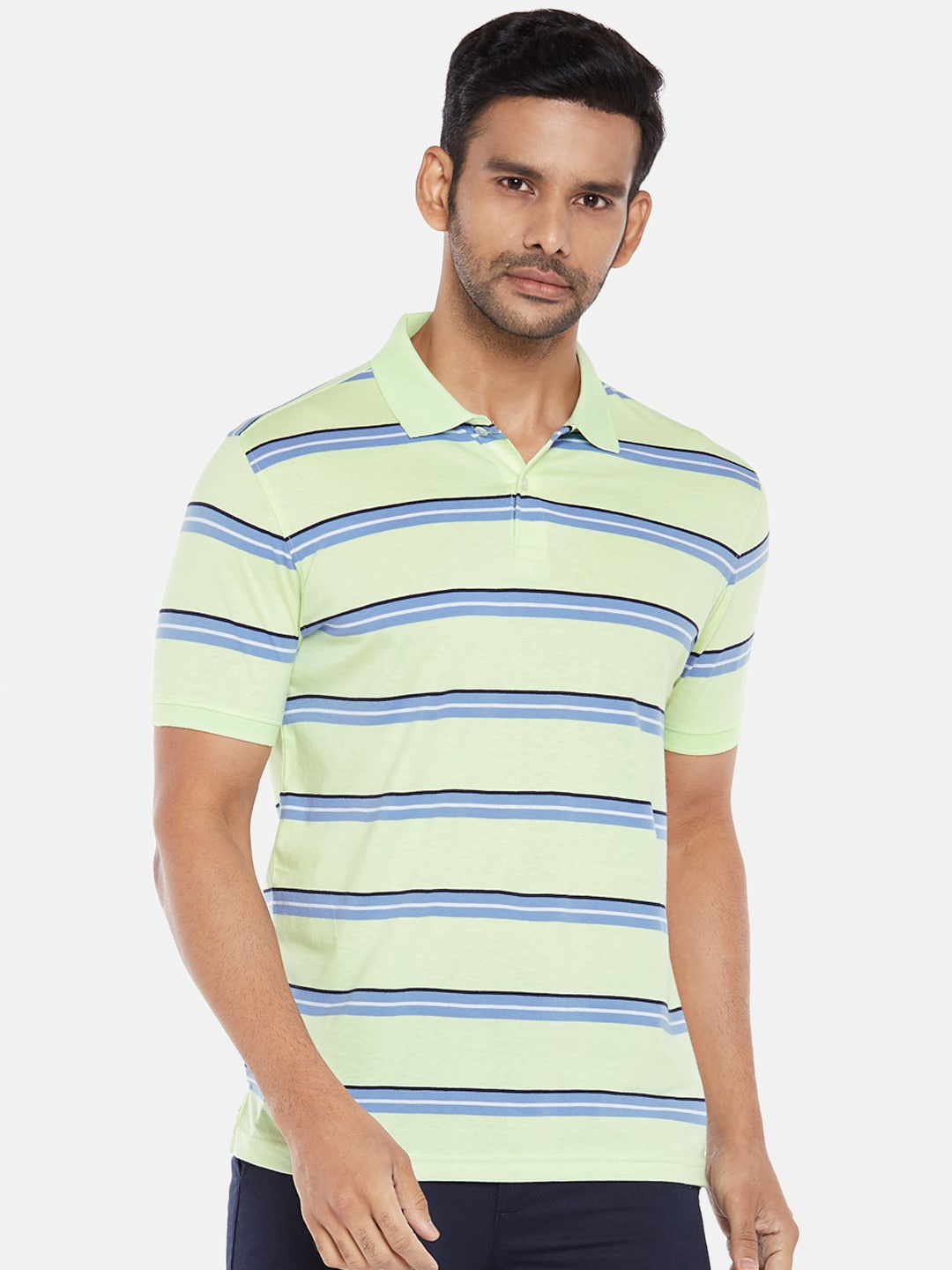 

BYFORD by Pantaloons Men Green Striped Polo Collar Slim Fit T-shirt