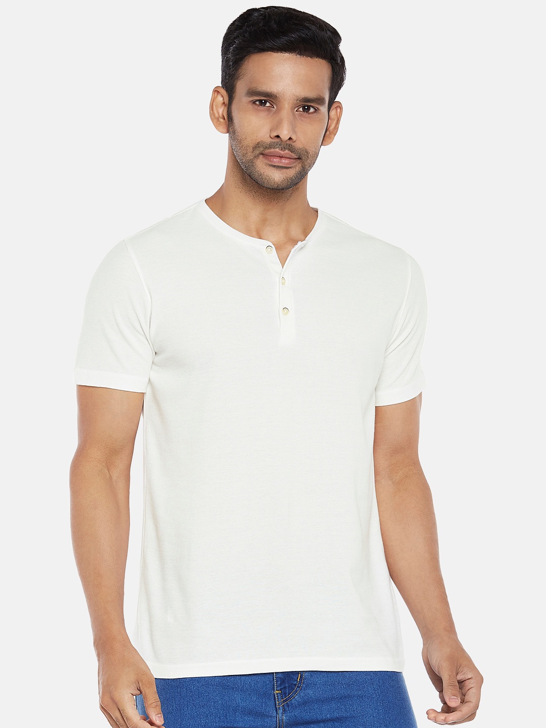 

BYFORD by Pantaloons Men White Henley Neck Raw Edge Slim Fit T-shirt