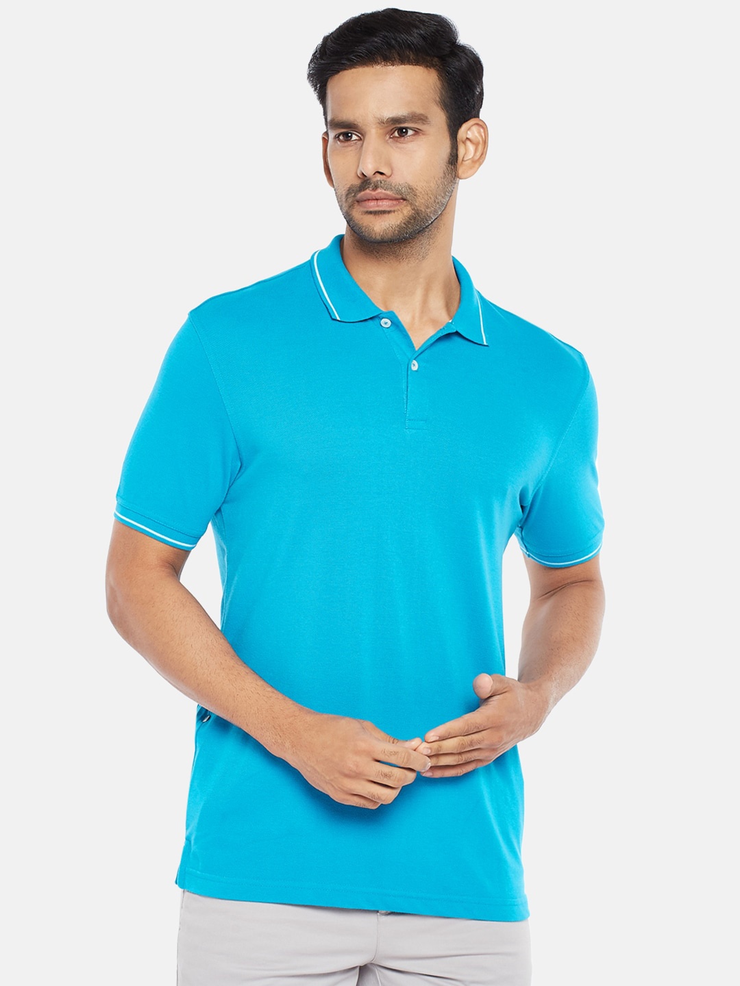 

BYFORD by Pantaloons Men Blue Polo Collar Pure Cotton T-shirt