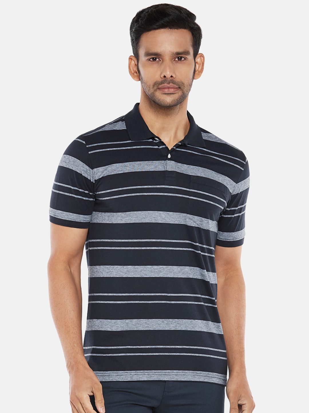 

BYFORD by Pantaloons Men Blue Striped Polo Collar Slim Fit T-shirt