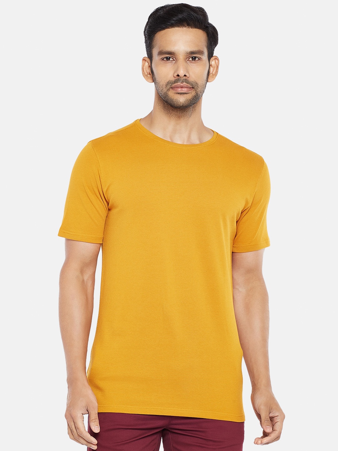 

BYFORD by Pantaloons Men Mustard Yellow Raw Edge Slim Fit T-shirt