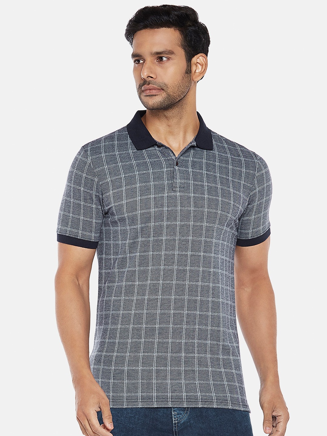

BYFORD by Pantaloons Men Navy Blue Checked Polo Collar Slim Fit T-shirt