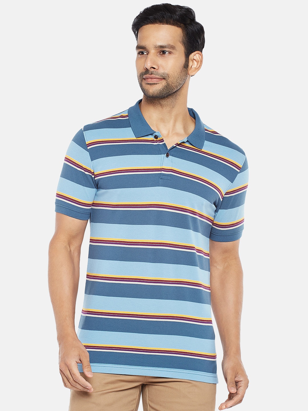 

BYFORD by Pantaloons Men Blue Striped Polo Collar Slim Fit T-shirt