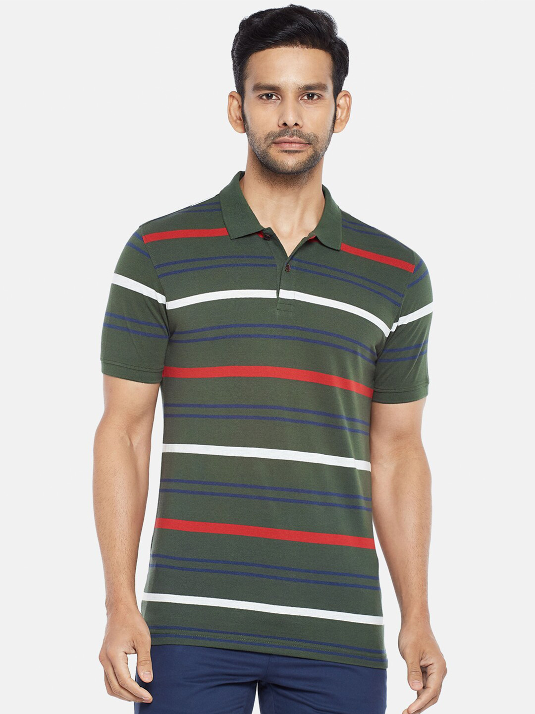 

BYFORD by Pantaloons Men Olive Green Striped Polo Collar Slim Fit T-shirt
