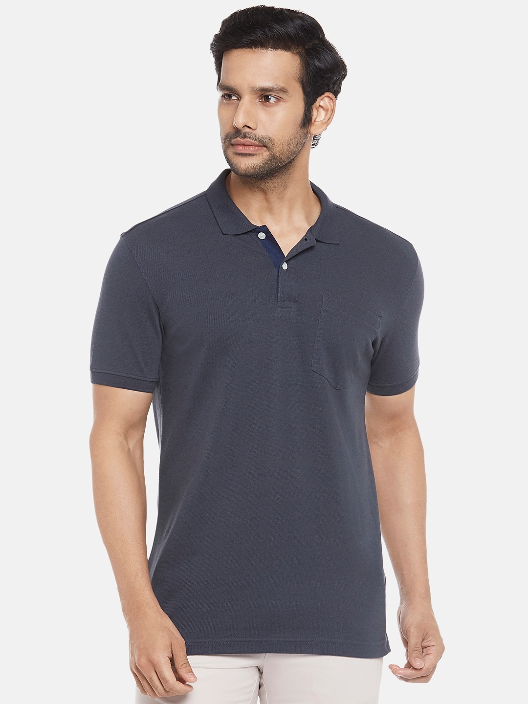 

BYFORD by Pantaloons Men Grey Polo Collar Slim Fit Pure Cotton T-shirt