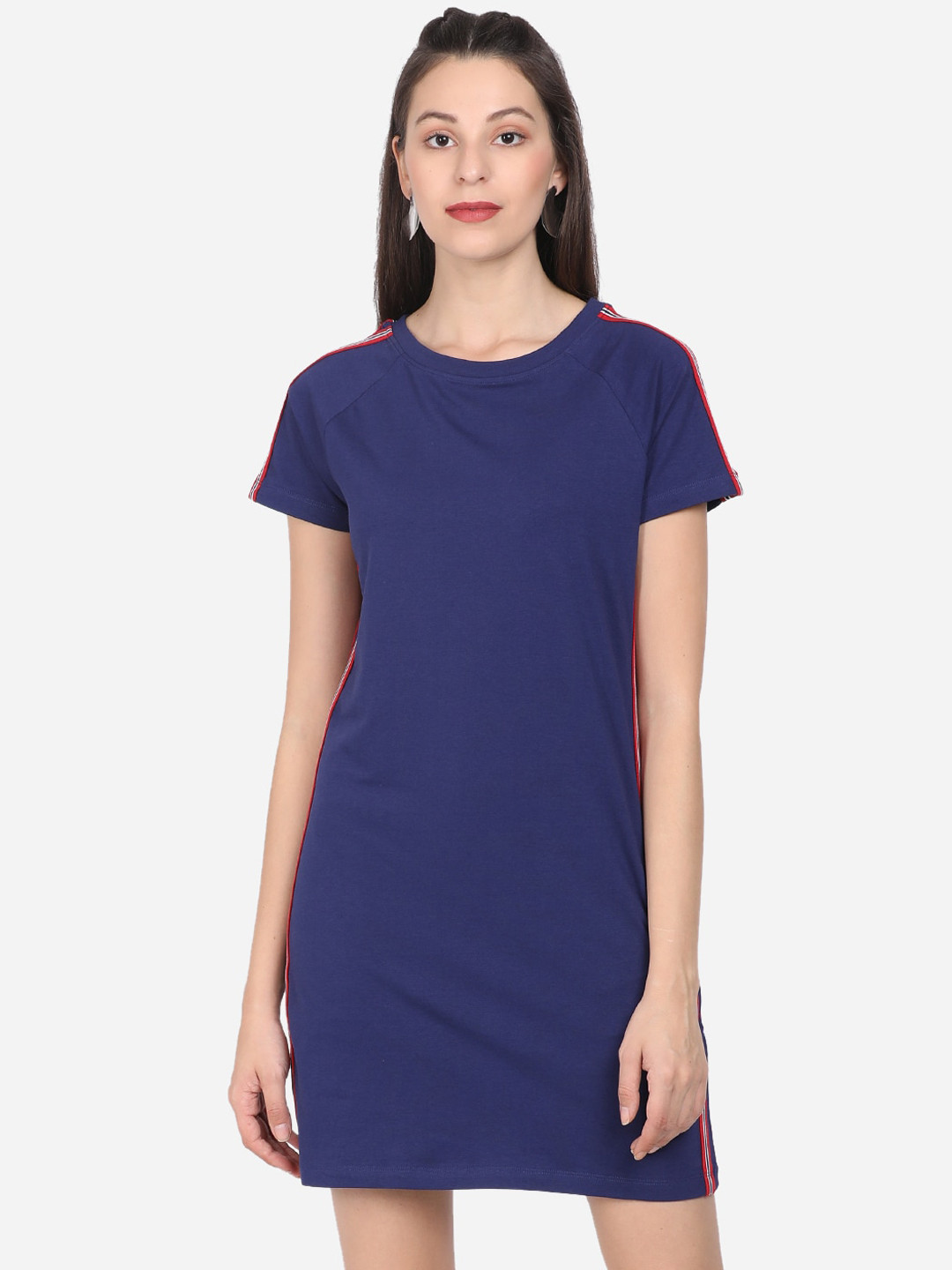 

BEVERLY BLUES Women Cotton Navy Blue Side Taped T-shirt Dress