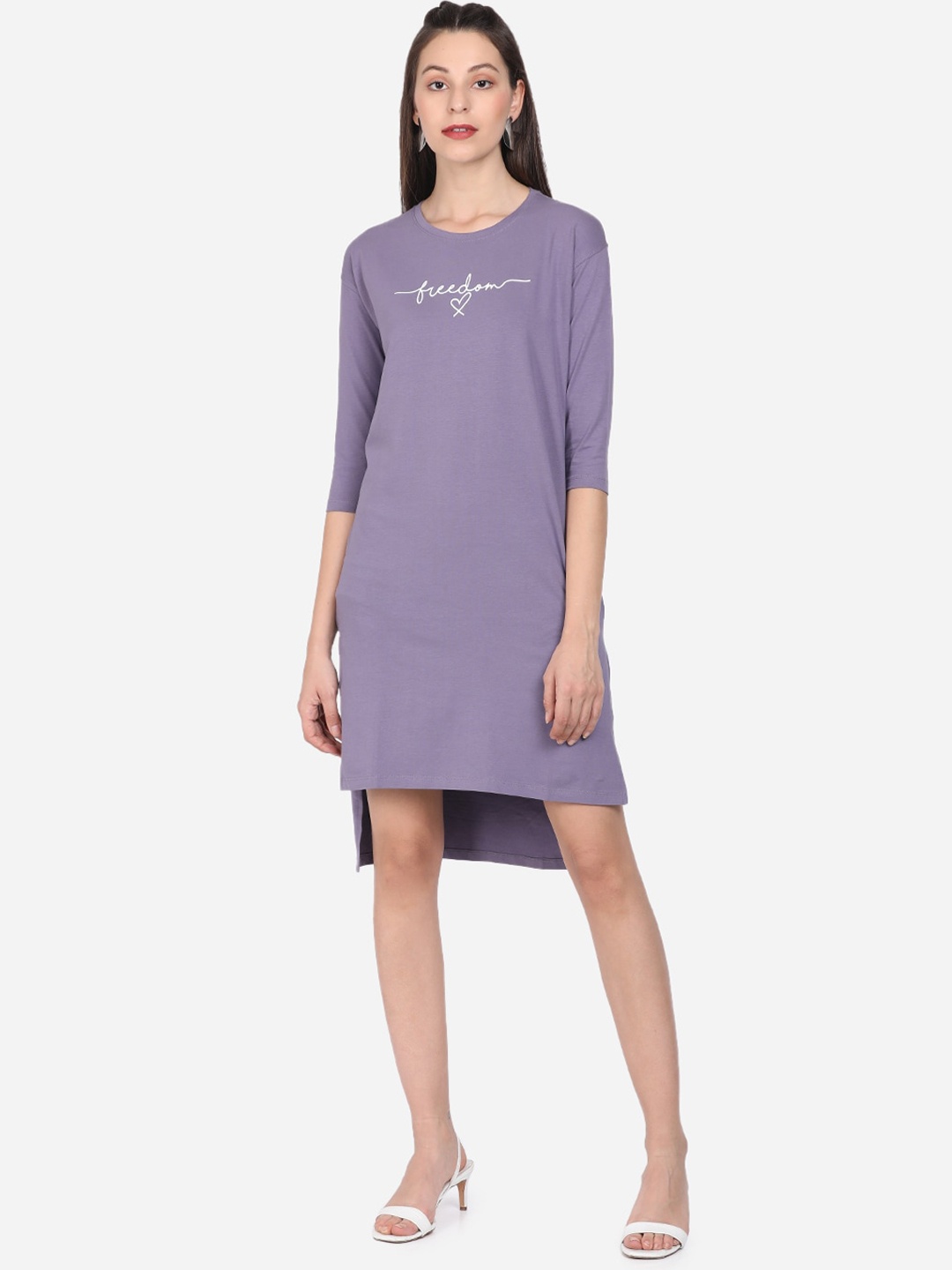 

BEVERLY BLUES Women Cotton Purple Typography Printed High Low T-shirt Dress