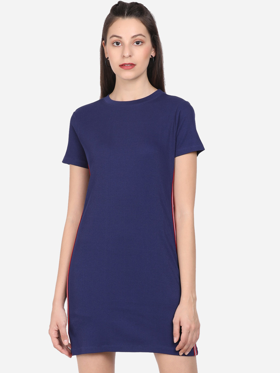 

BEVERLY BLUES Women Cotton Navy Blue Side Taped T-shirt Dress