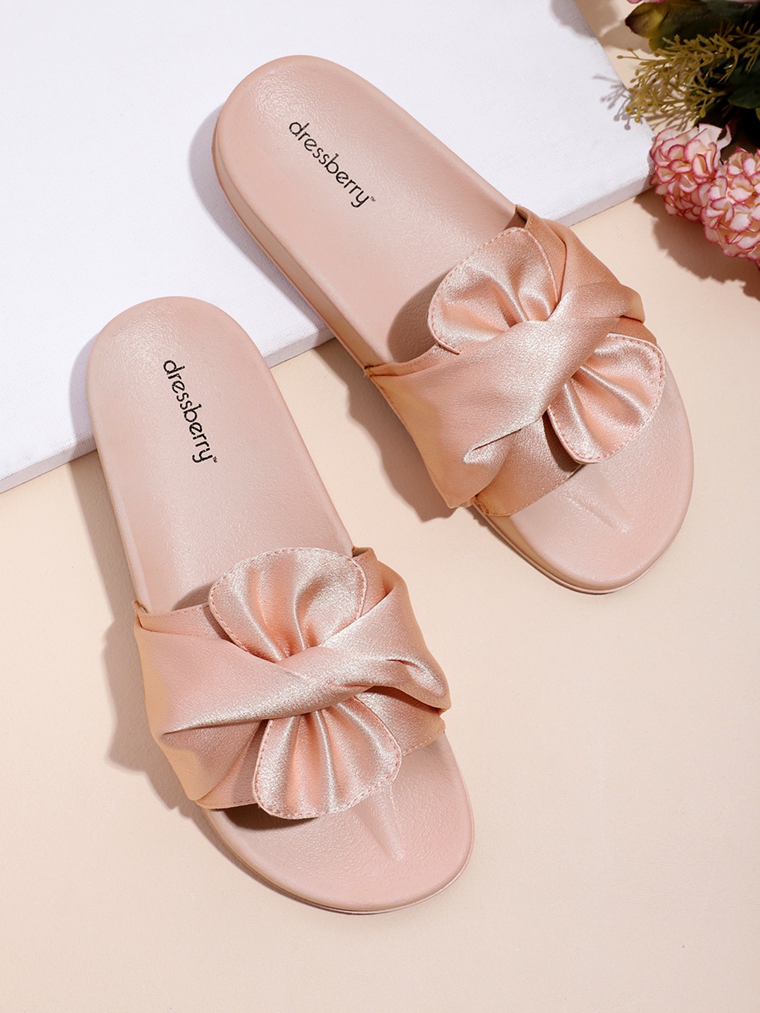 

DressBerry Women Peach-Coloured Satin Finish Sliders with Bow Detail