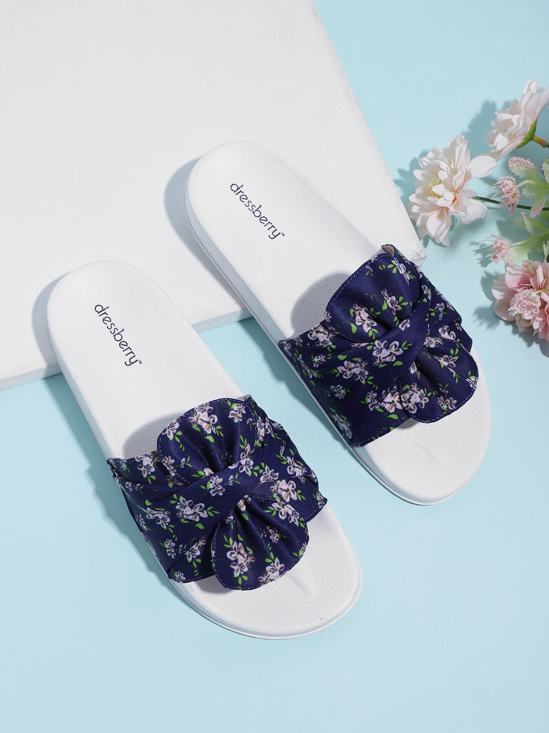 

DressBerry Women Navy Blue & Green Floral Print Sliders with Bow Detail