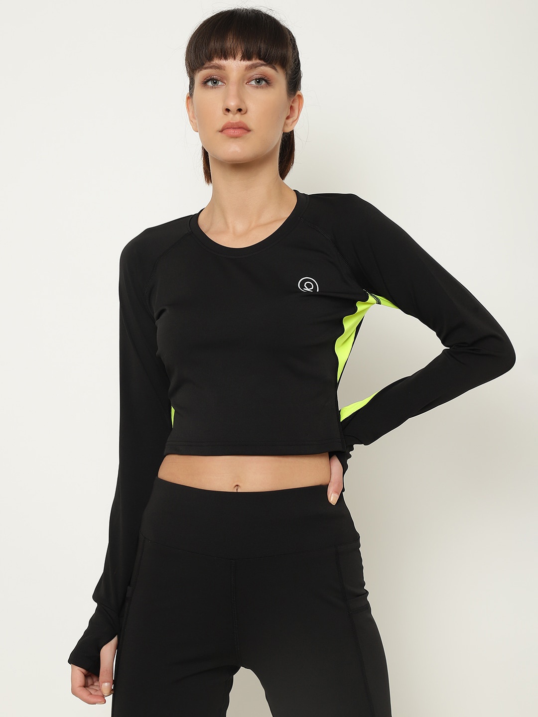 

CHKOKKO Women Black & Fluorescent Green Crop Top