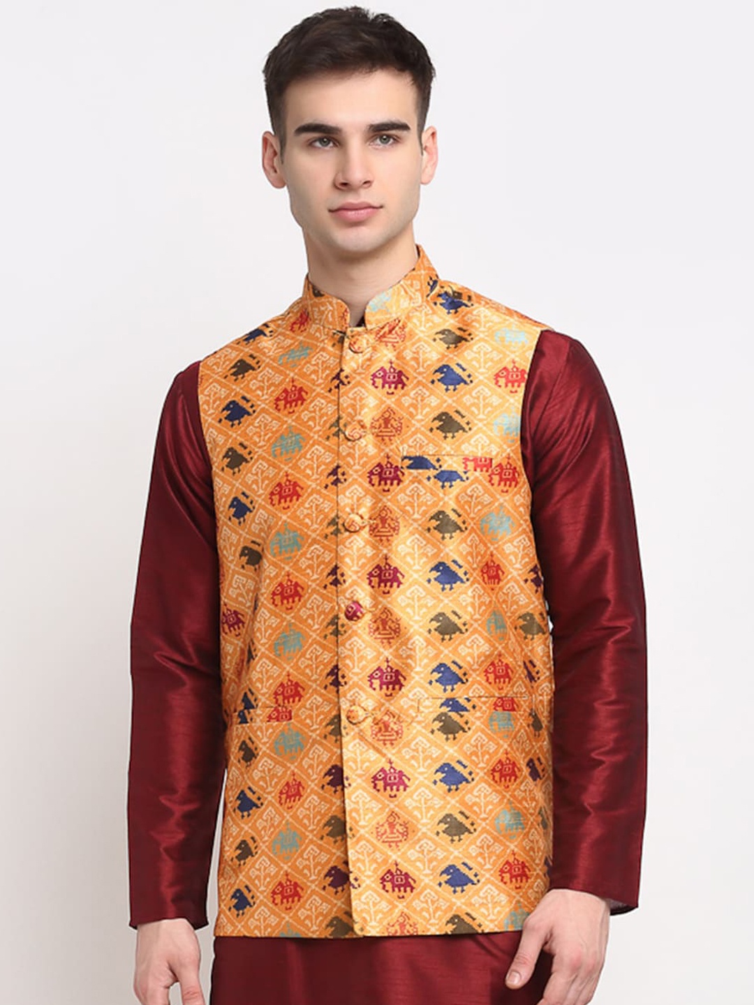 

Jompers Men Orange & Red Digital Printed Nehru Jacket