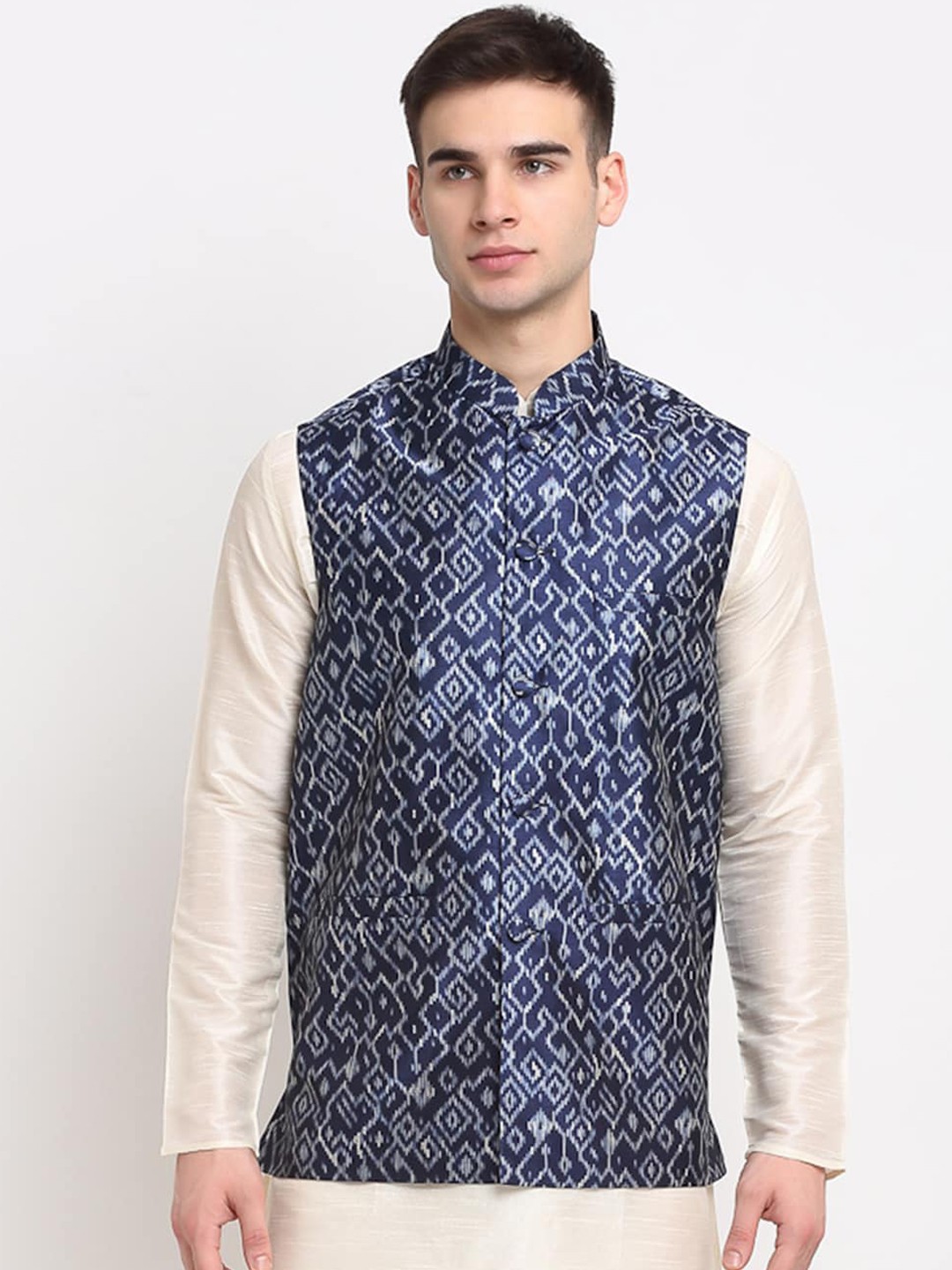 

Jompers Men Blue & White Digital Printed Nehru Jacket