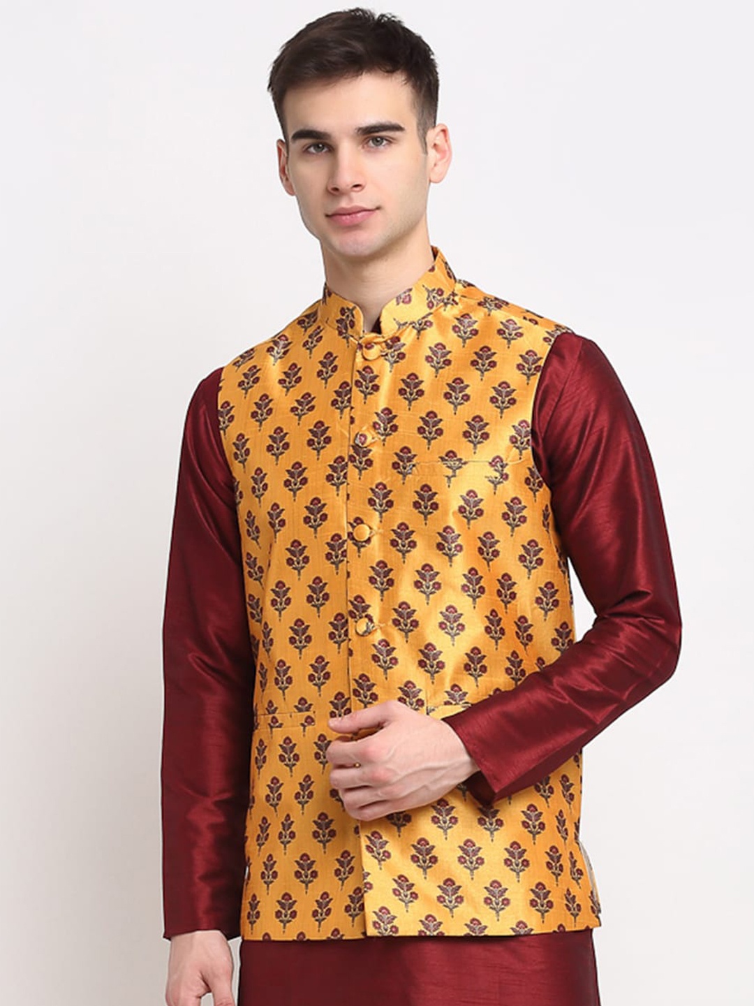 

Jompers Men Yellow & Maroon Digital Printed Nehru Jacket