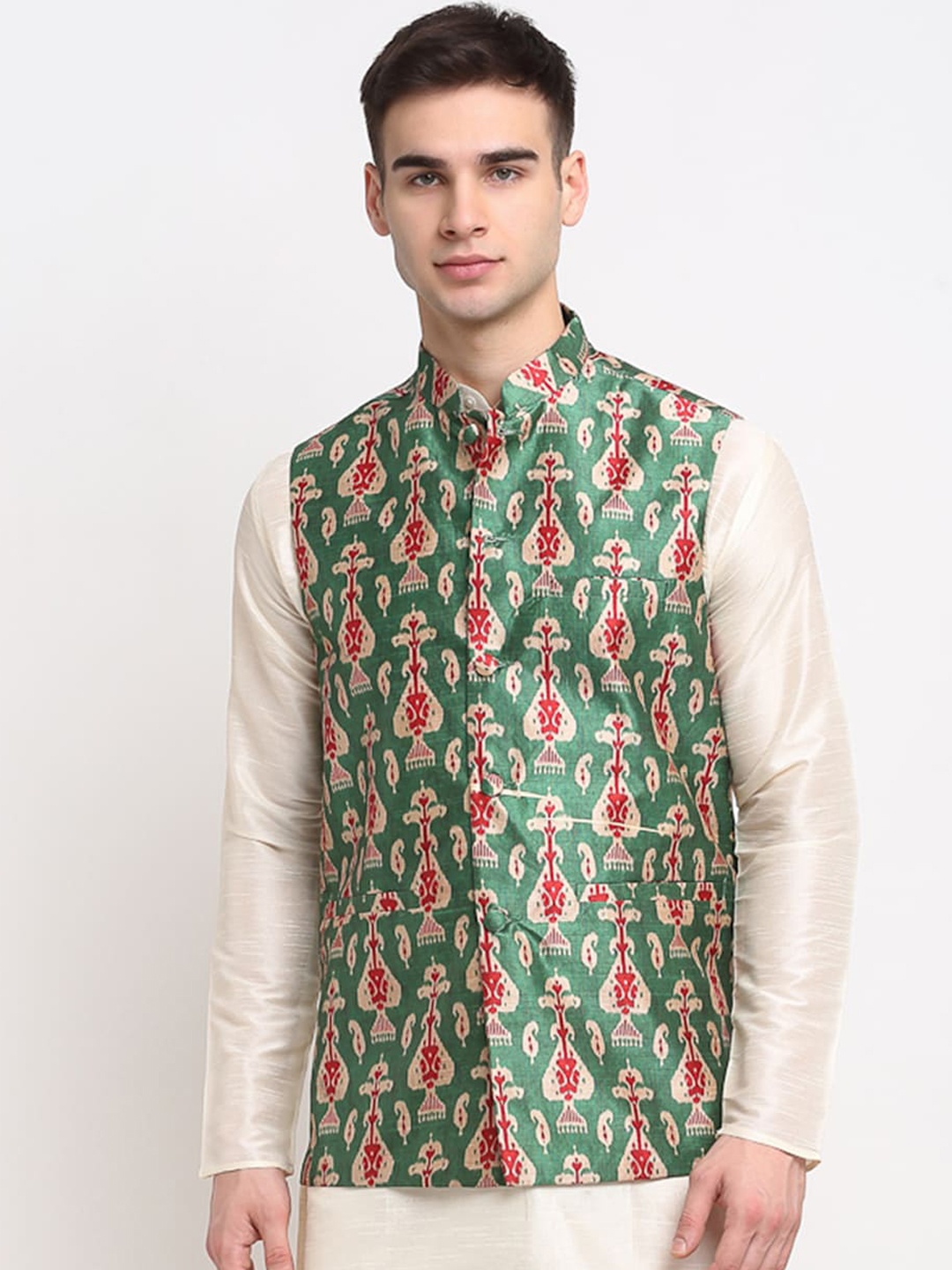 

Jompers Men Green & Red Digital Printed Nehru Jacket