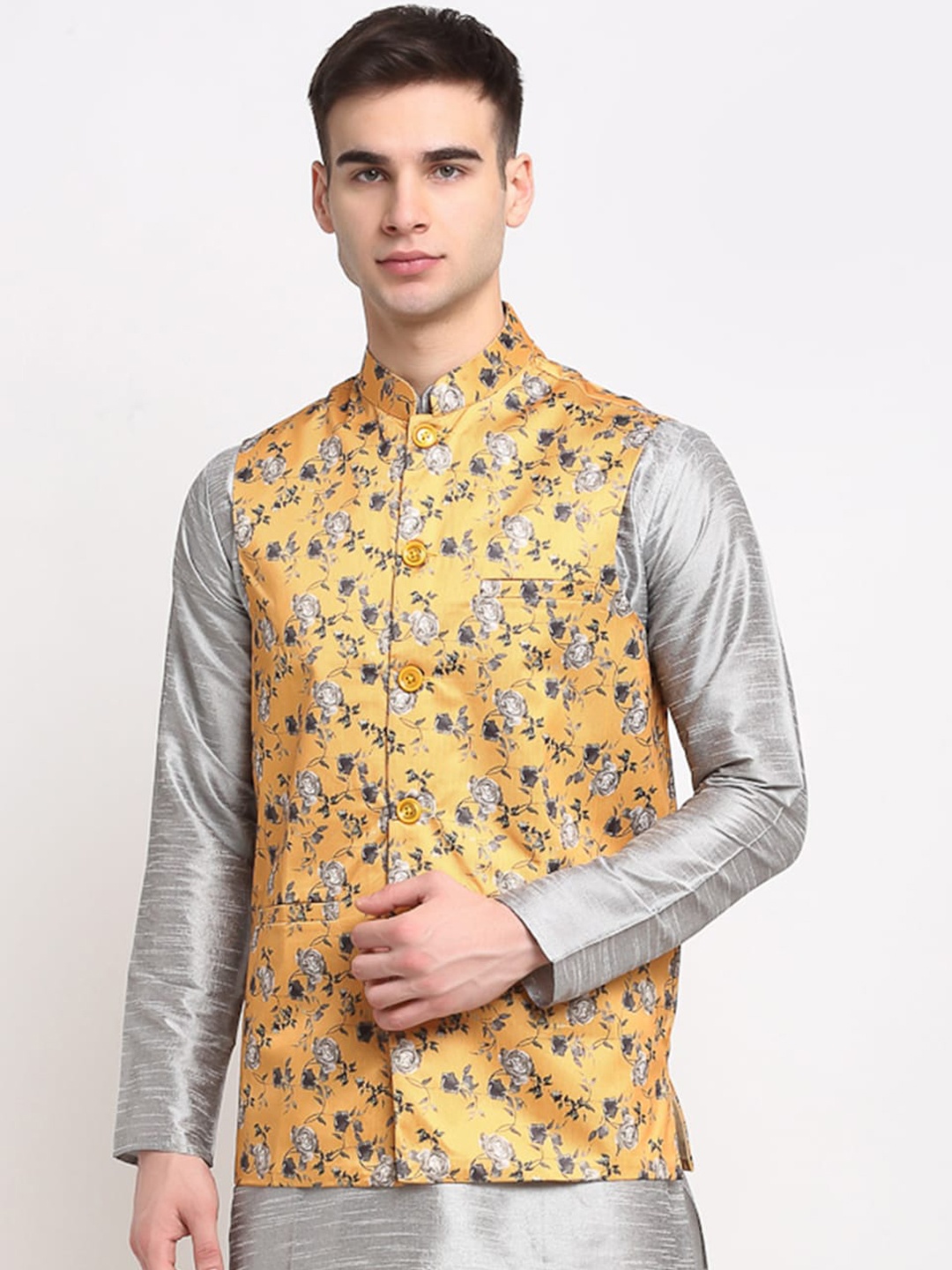 

Jompers Men Mustard & Grey Digital Printed Nehru Jacket