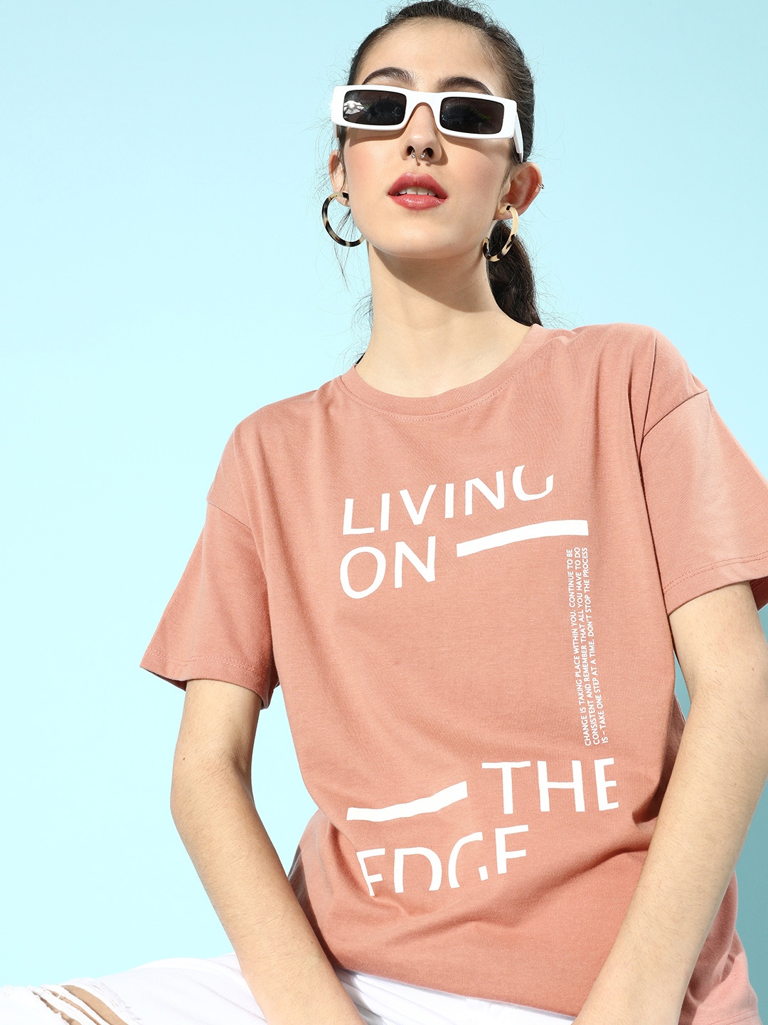

Roadster Women Attractive Peach Typography Drop-Shoulder Sleeves Tshirt