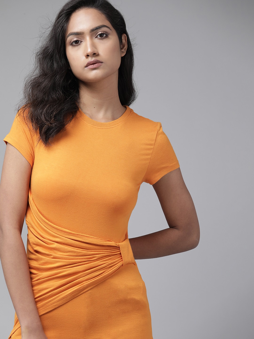 

Roadster Women Mustard Yellow Solid T-shirt with Gathered Detail
