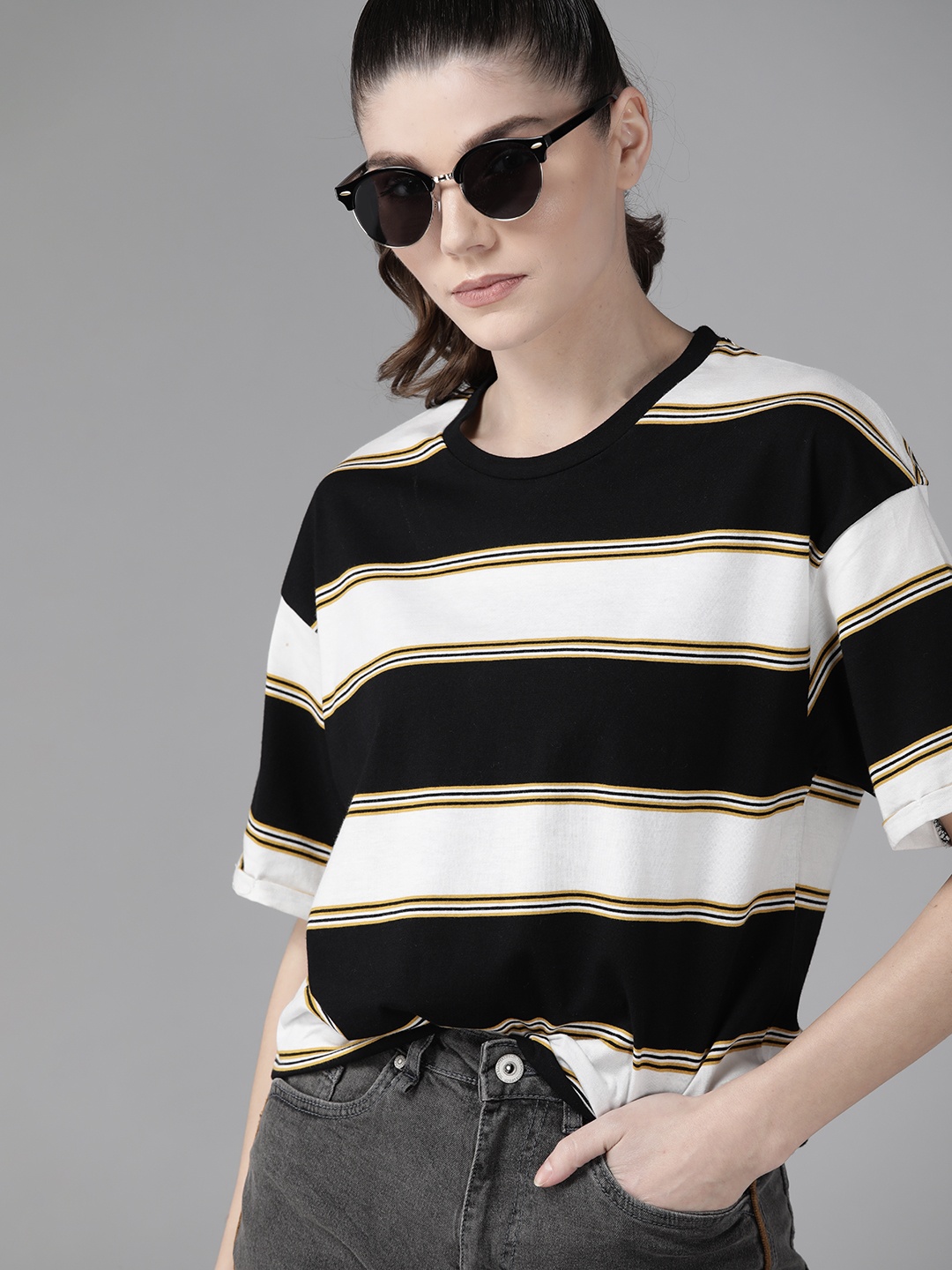

Roadster Women Black & White Striped Pure Cotton T-shirt