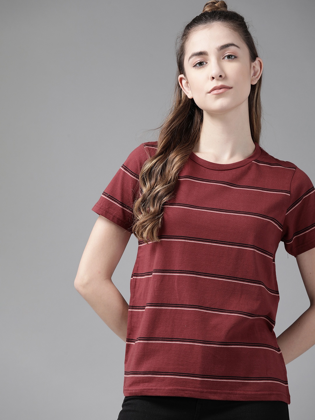 

Roadster Women Maroon & Black Cotton Striped T-shirt
