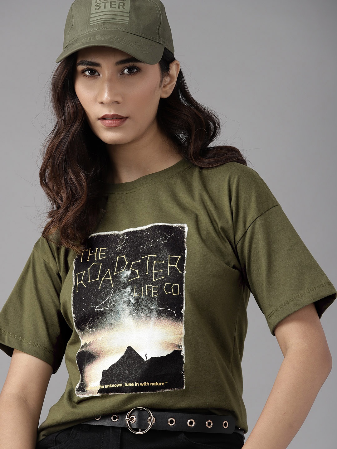 

Roadster Women Olive Green Printed Extended Sleeves T-shirt