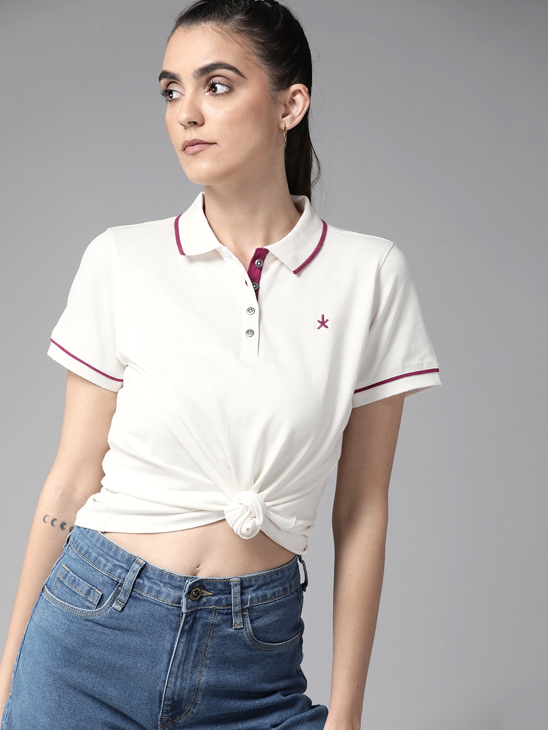 

Roadster Women Off White Polo Collar T-shirt