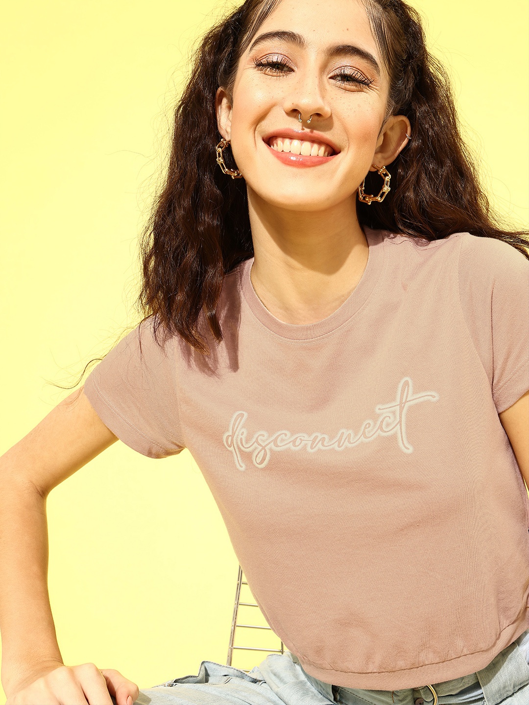 

Roadster Women Mauve Typography Printed Pure Cotton T-shirt