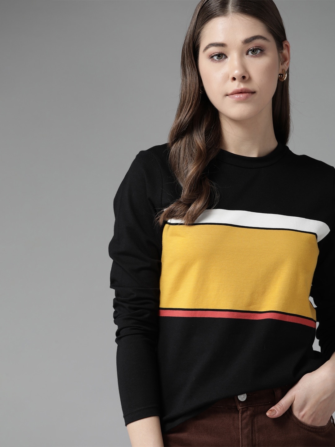 

Roadster Women Black & Mustard Yellow Colourblocked T-shirt