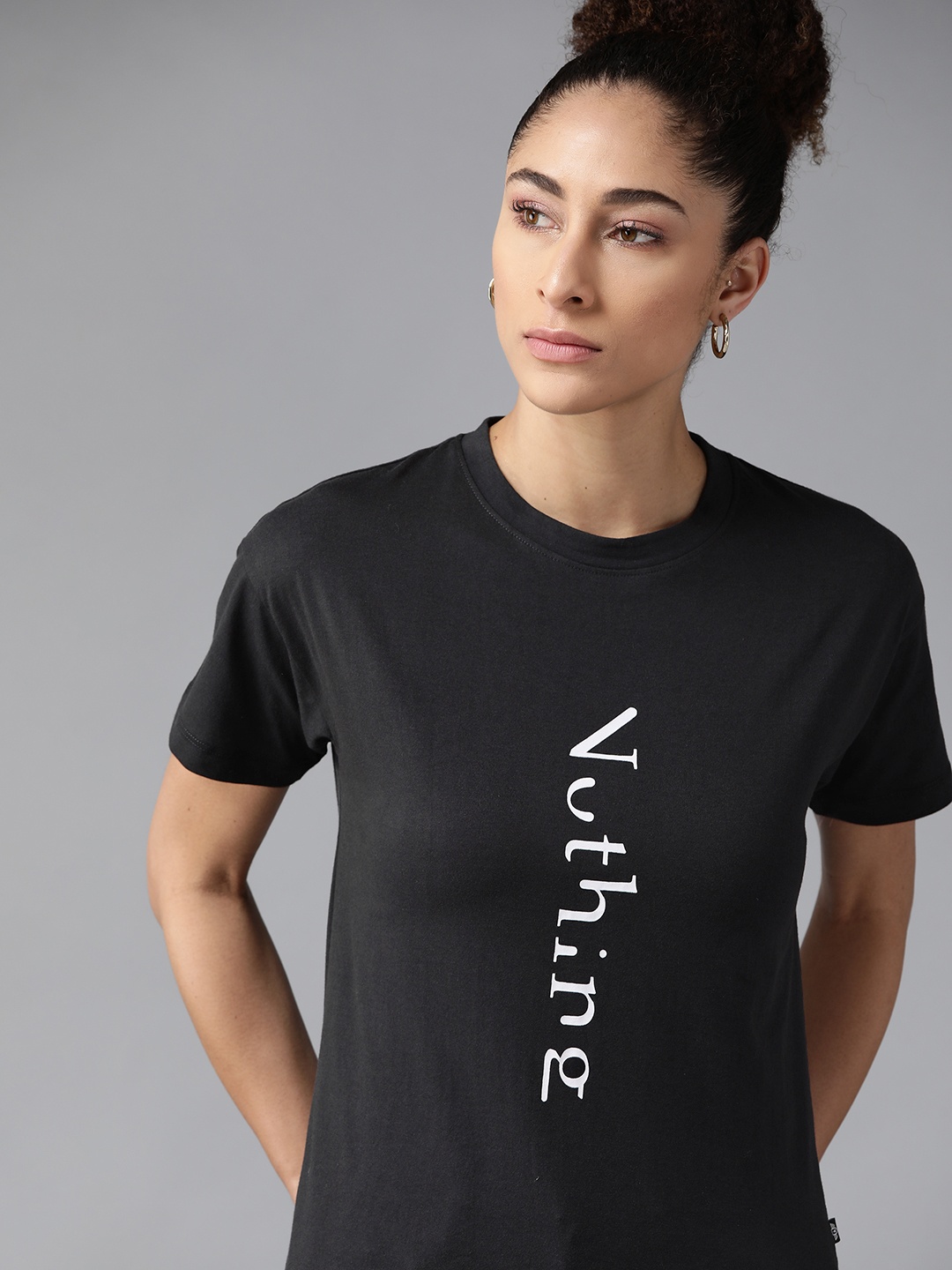 

Roadster Women Black & White Typography Printed Drop-Shoulder Sleeves Boxy T-shirt