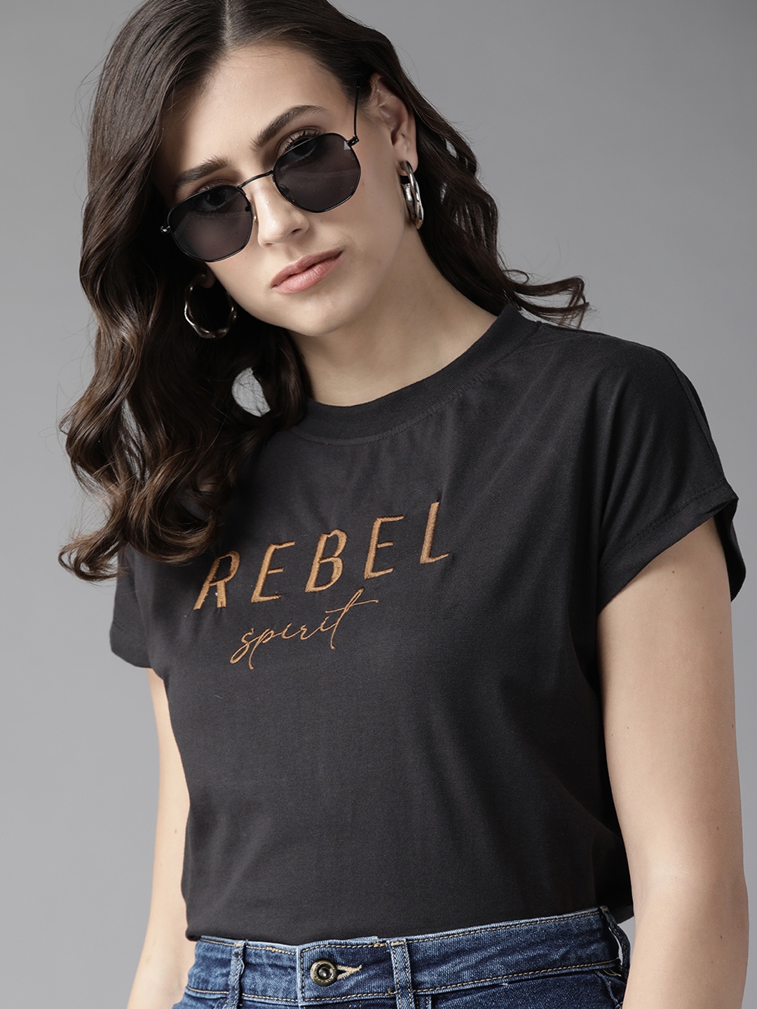 

Roadster Women Black & Brown Typography Embroidered Extended Sleeves Boxy T-shirt