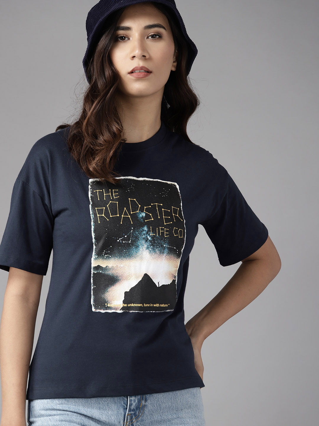 

Roadster Women Navy Blue Printed Extended Sleeves T-shirt