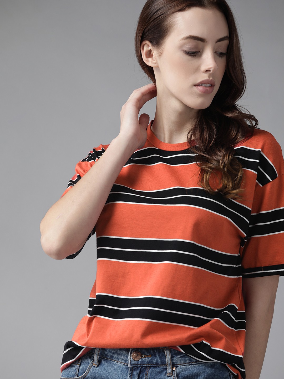 

Roadster Women Rust Orange & Black Striped Pure Cotton Drop Shoulder T-shirt