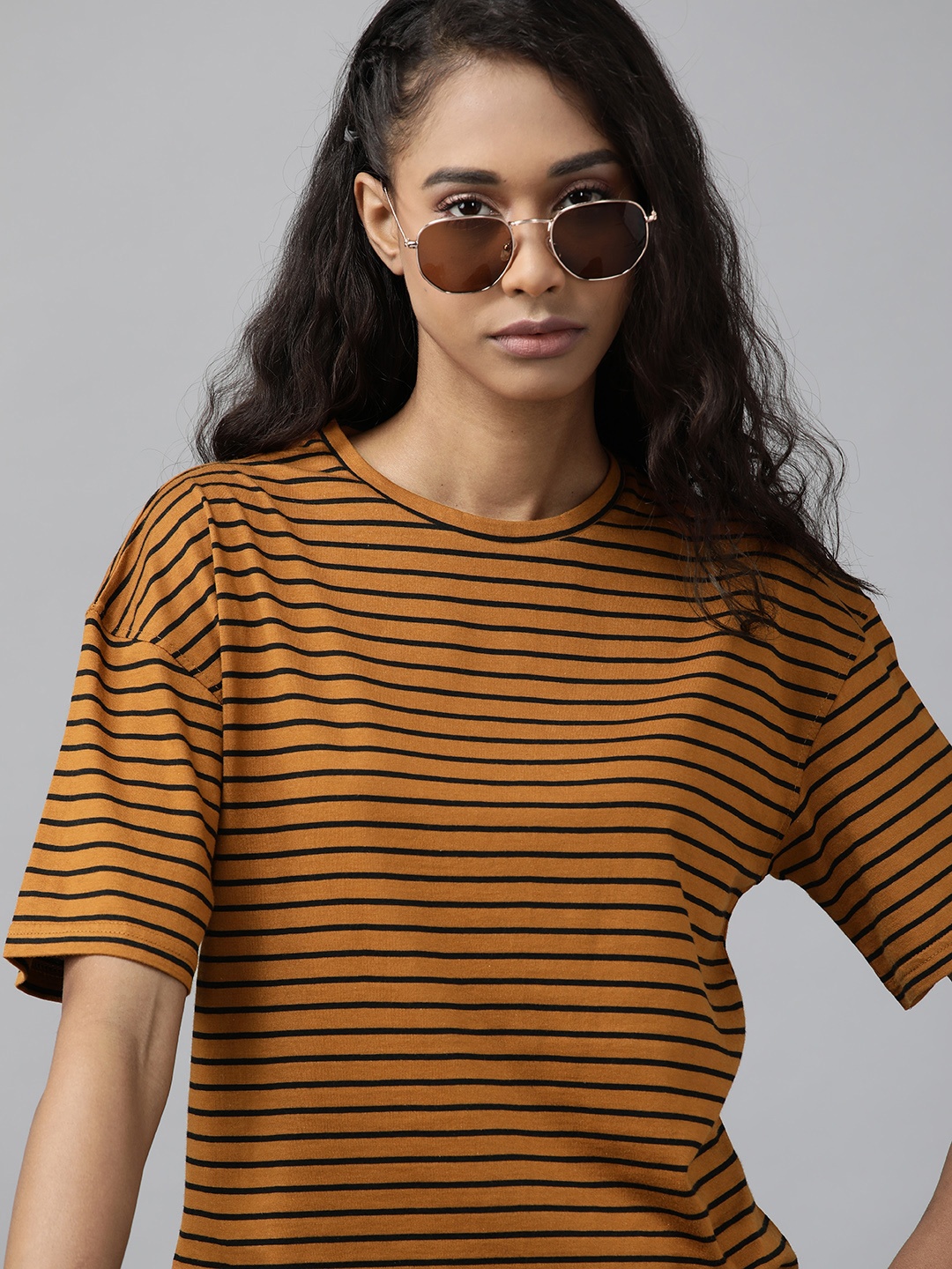

Roadster Women Brown & Black Striped Pure Cotton Relaxed T-shirt