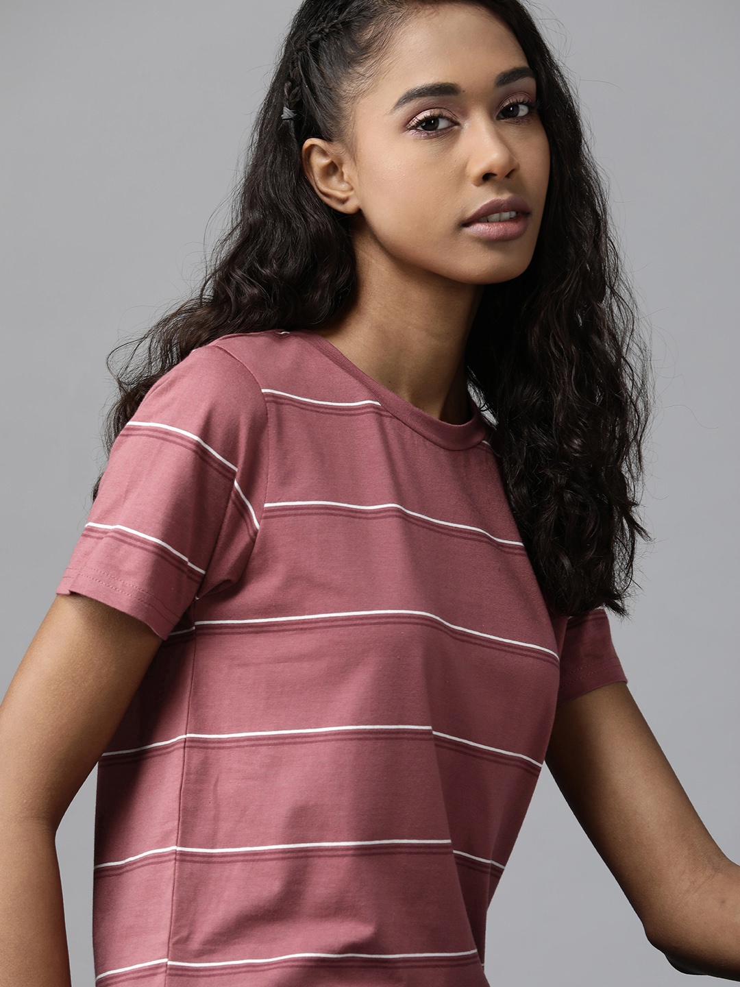 

Roadster Women Mauve & White Striped Pure Cotton T-shirt