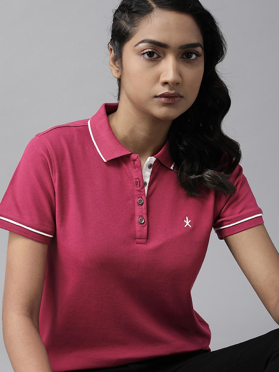

Roadster Women Pink Solid Polo Collar T-shirt