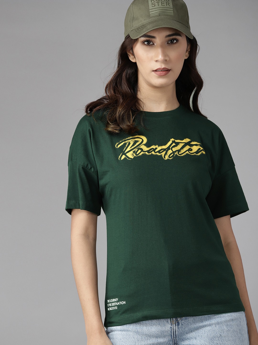 

Roadster Women Green & Yellow Brand Logo Printed Extended Sleeves T-shirt